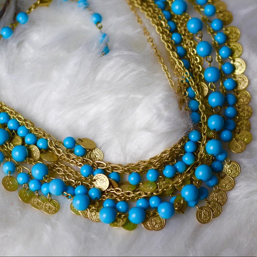 Turquoise Pearls & Gold Trinket Accent Necklace